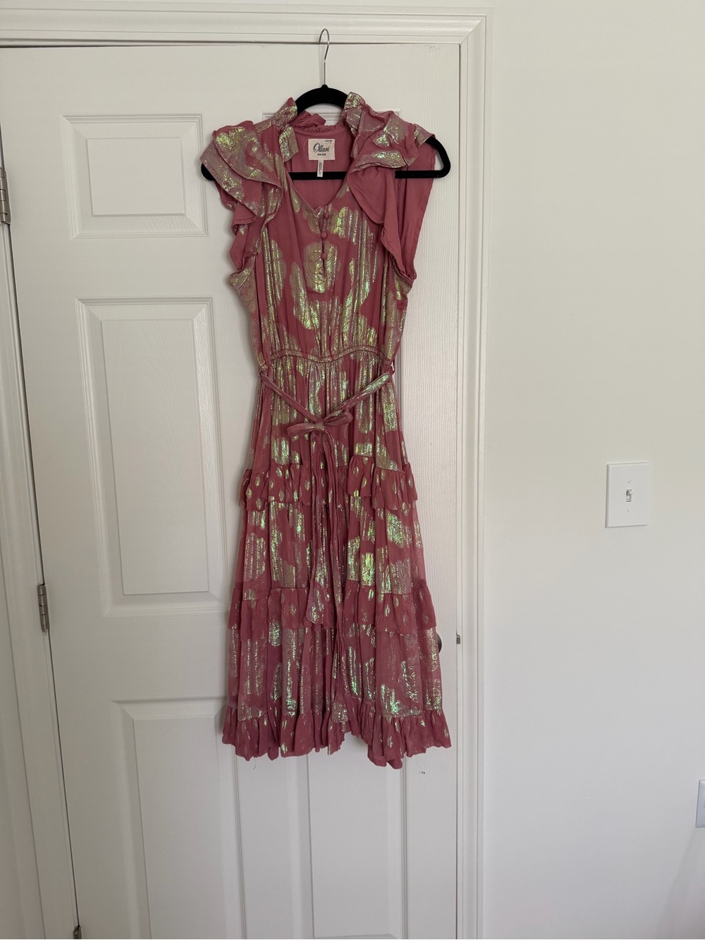 Anthropologie Pink Metallic Ruffle Midi Dress